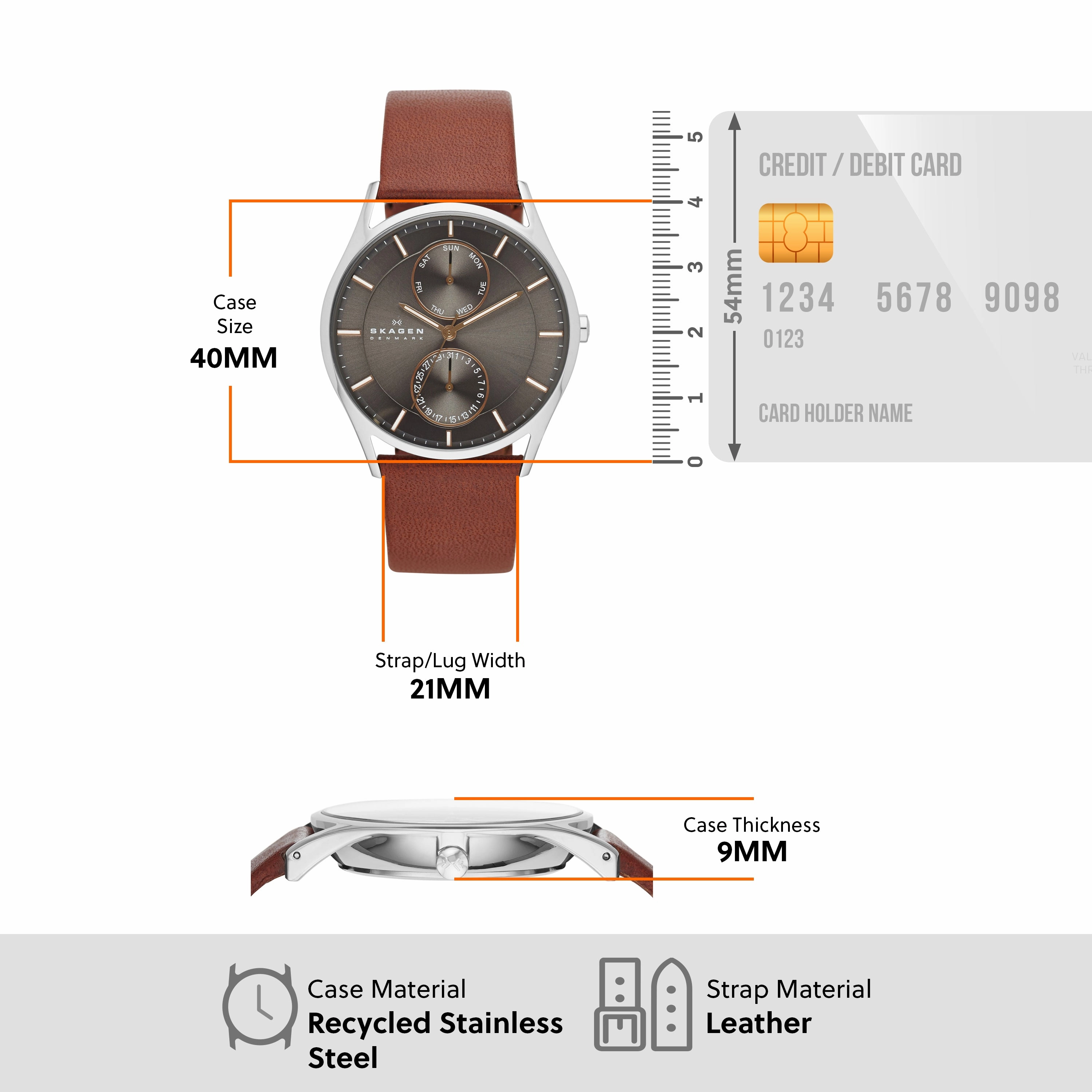 Skagen Holst Medium Brown Leather Watch with Luminous Hands SKW6086