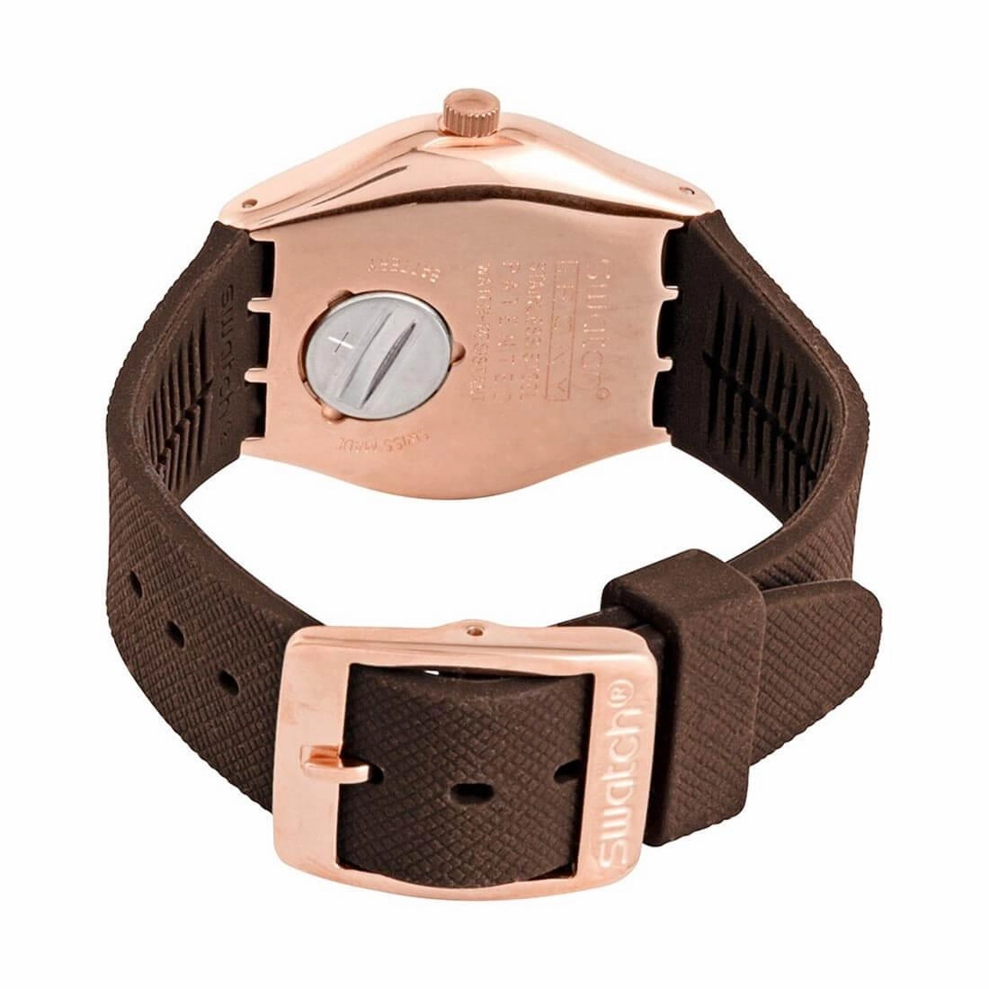 Swatch Unisex Quartz Watch - Irony Brownee Rose Gold Tone Dial Brown Strap | YLG701