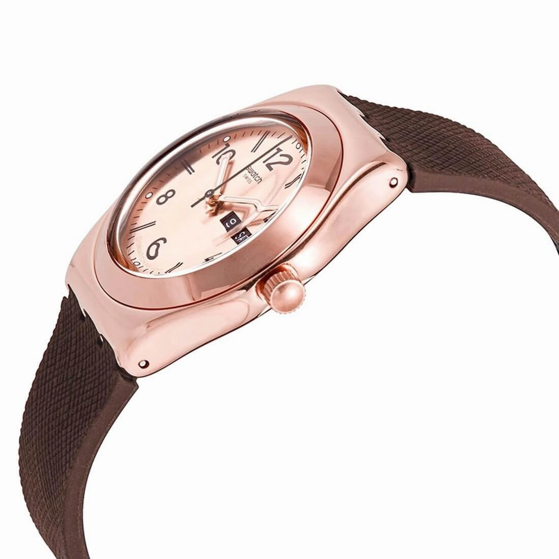 Swatch Unisex Quartz Watch - Irony Brownee Rose Gold Tone Dial Brown Strap | YLG701