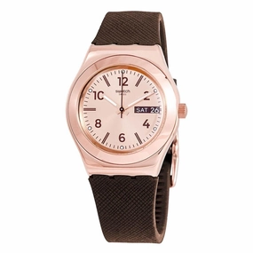 Swatch Unisex Quartz Watch - Irony Brownee Rose Gold Tone Dial Brown Strap | YLG701