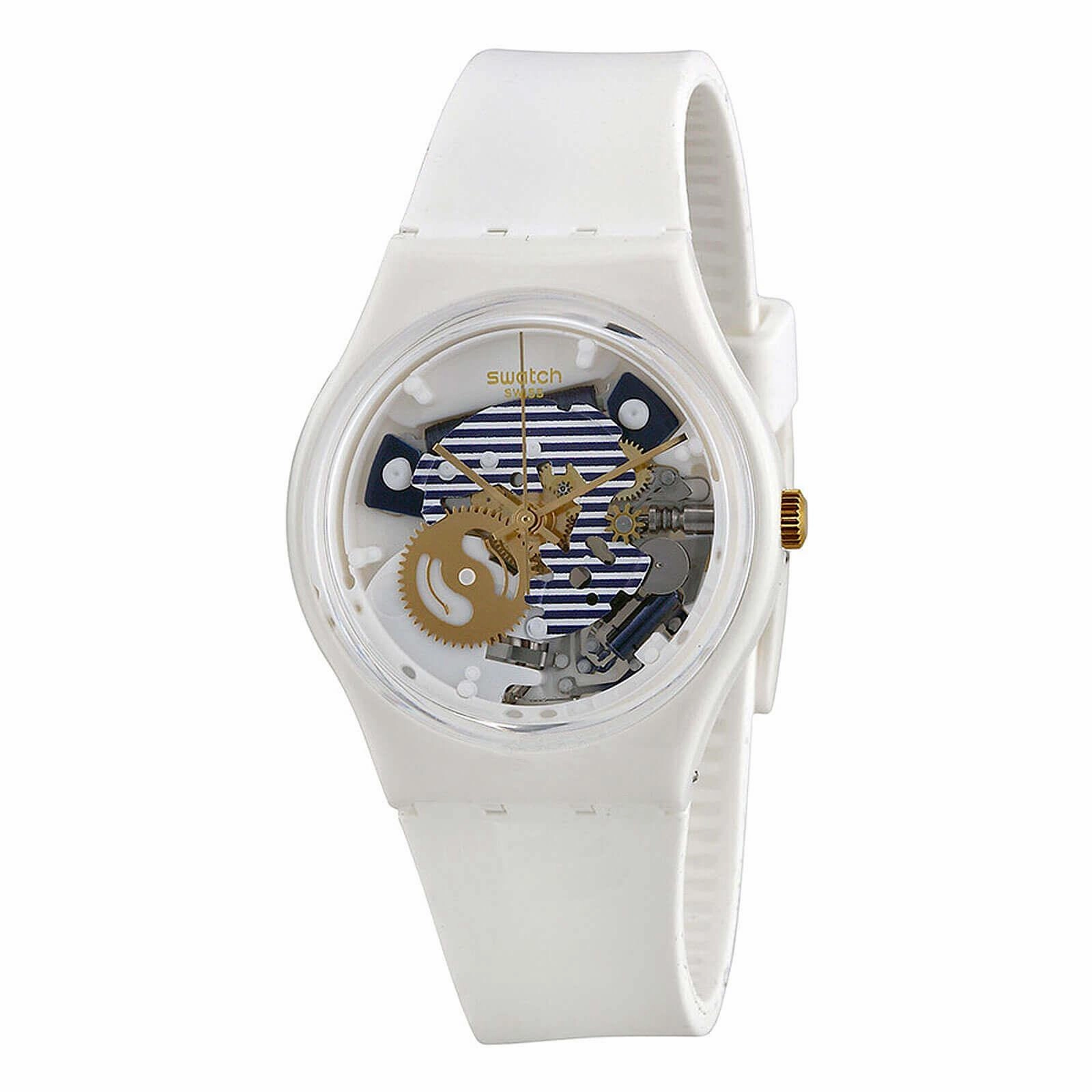 Swatch Unisex Watch - Mariniere Quartz Semi-Skeleton Dial White Rubber Strap | GW169