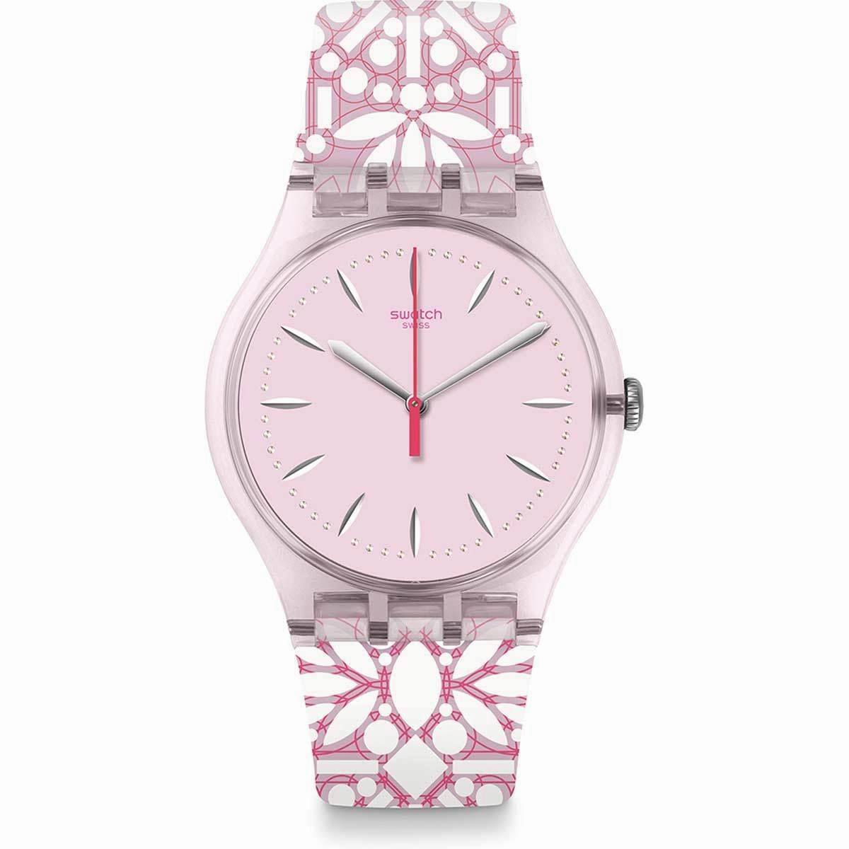 Swatch Women's Strap Watch - Brit-In Fleurie Swiss Quartz Pink & White | SUOP109