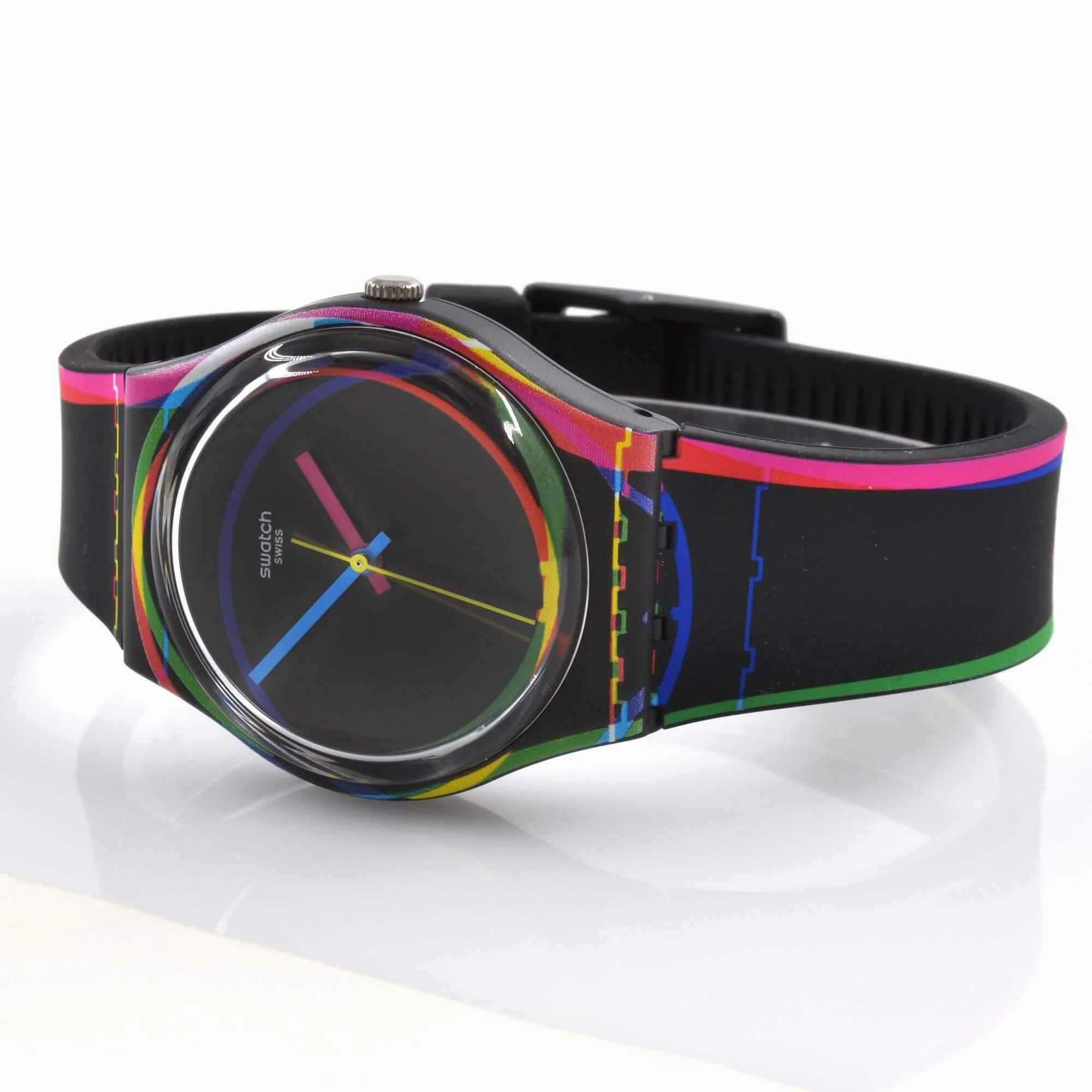 Swatch Women's Watch - Monthly Drops Red Shore Black Dial Silicone Strap | GB333