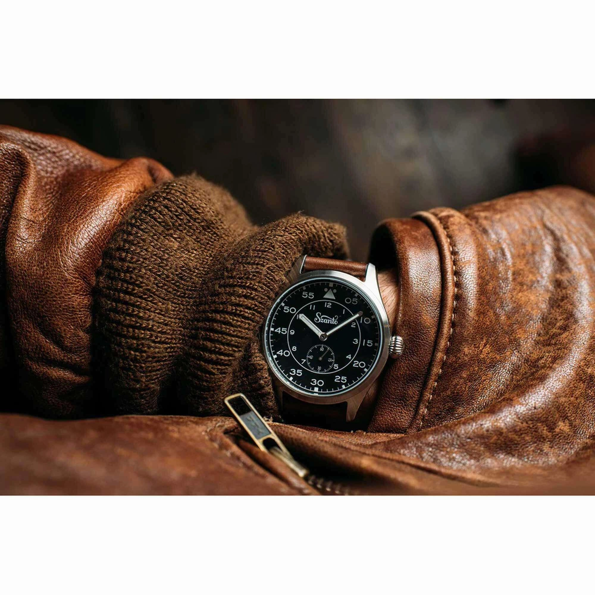 Szanto Men's Quartz Watch - Heritage Aviator Black Dial Brown Leather Strap | SZ 2754