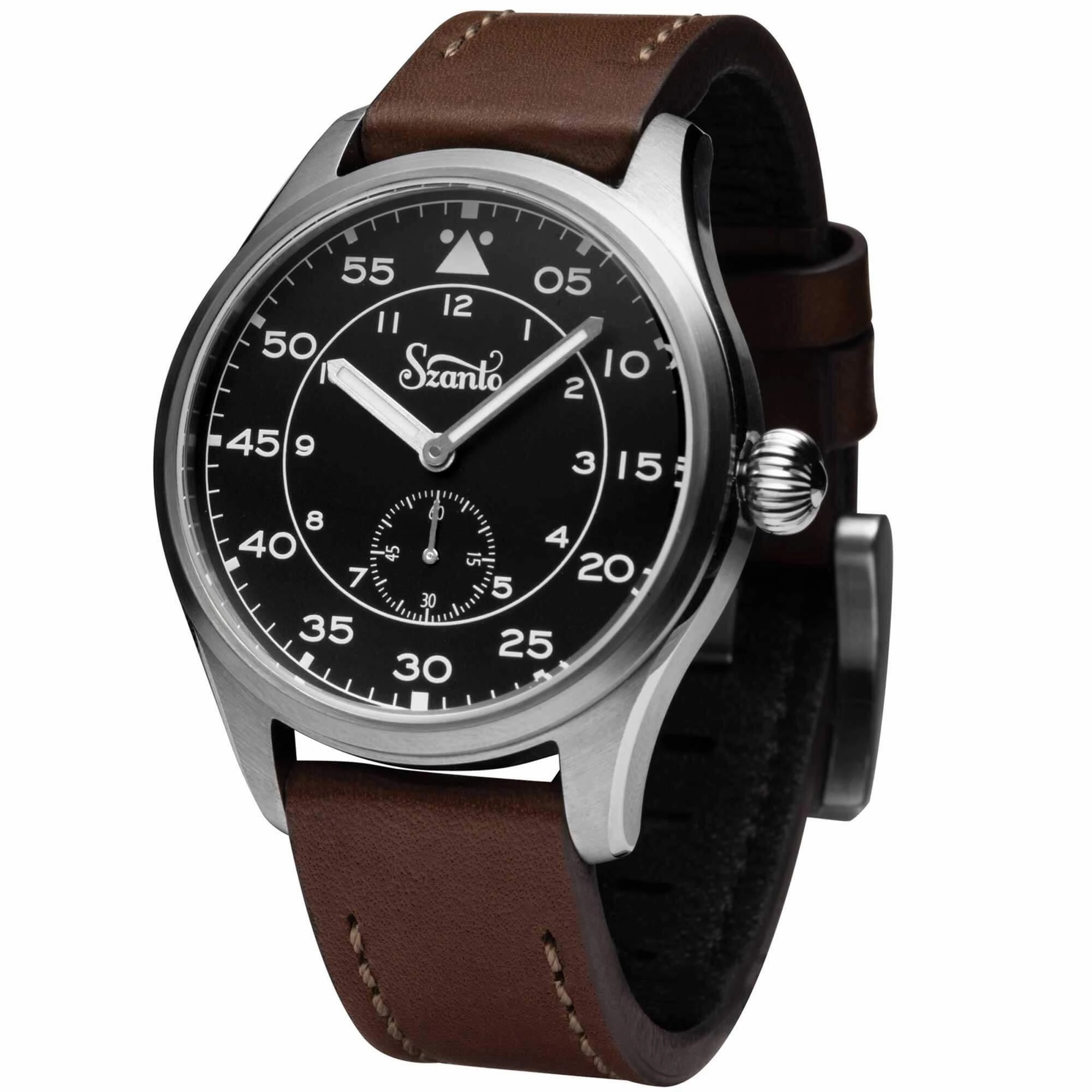 Szanto Men's Quartz Watch - Heritage Aviator Black Dial Brown Leather Strap | SZ 2754