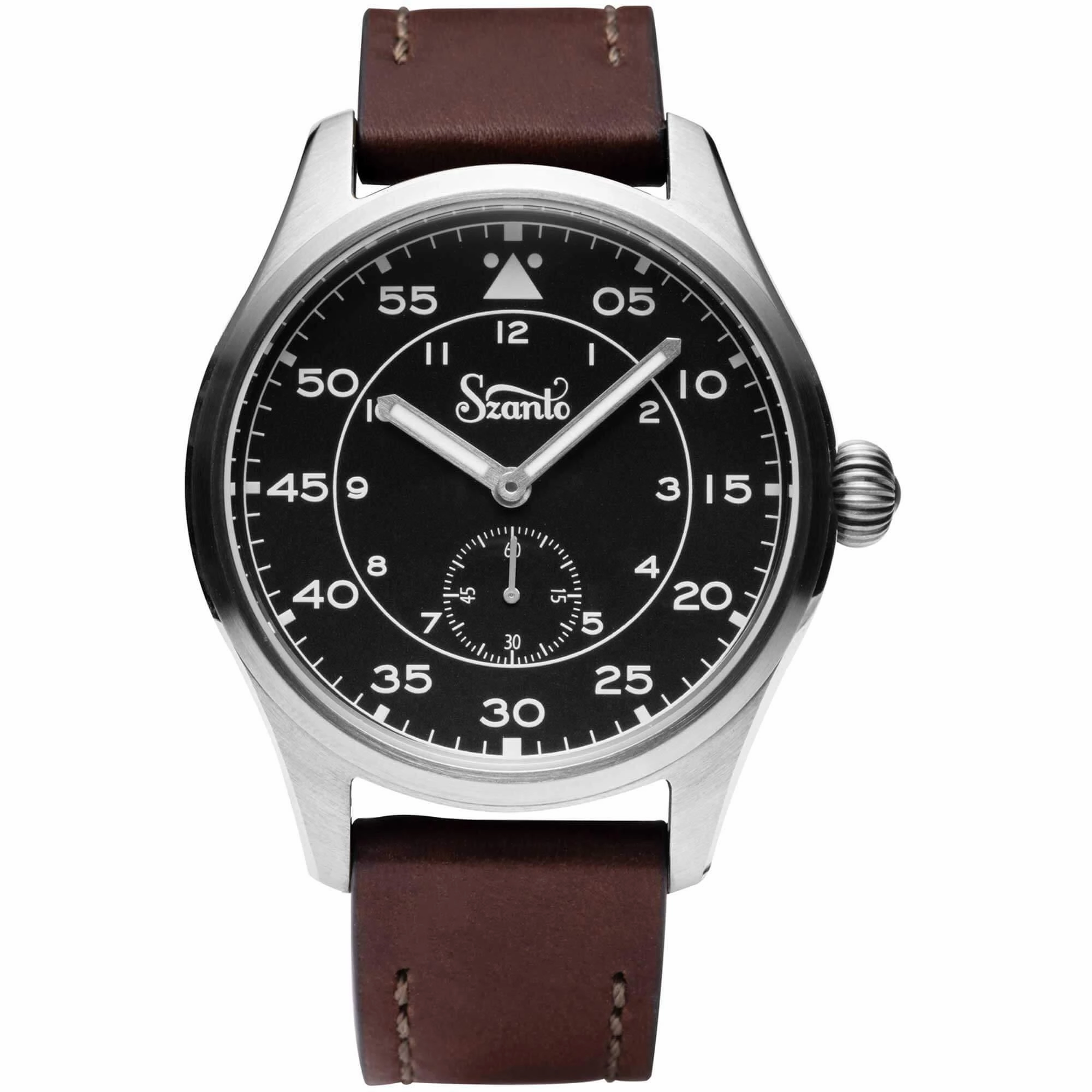 Szanto Men's Quartz Watch - Heritage Aviator Black Dial Brown Leather Strap | SZ 2754