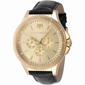 Technomarine Men's Watch - MoonSun Gold Dial Black Leather Strap Day-Date | TM-822031
