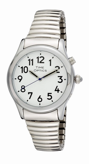 TimeOptics Men's Talking Silver-Tone Day Date Alarm Expansion Bracelet Watch # GWC021ST