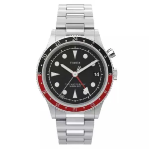 Timex Men's Watch - Waterbury Quartz GMT Black Dial Silver Tone Bracelet | TW2W22700VQ