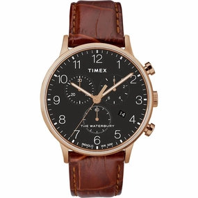 Timex Men's Chronograph Watch - Waterbury Black Dial Brown Strap | TW2R71600VQ