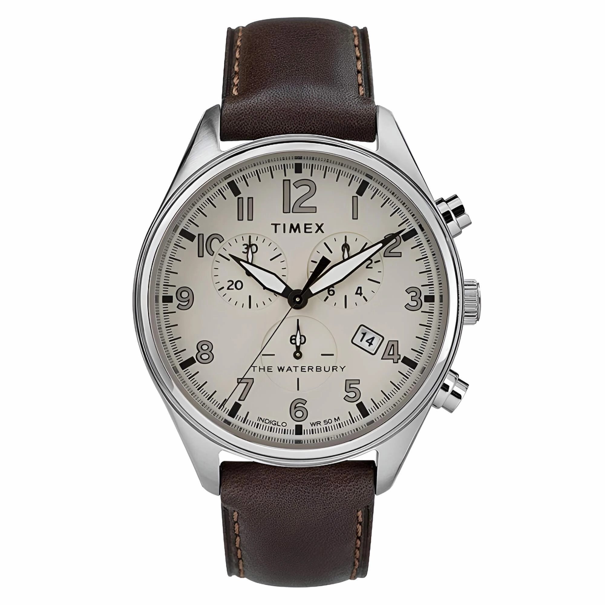 Timex Men's Chronograph Watch - Waterbury Cream Dial Leather Strap | TW2R88200
