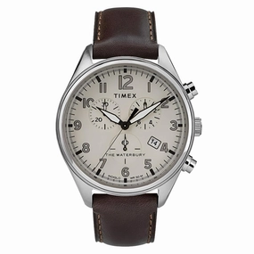 Timex Men's Chronograph Watch - Waterbury Cream Dial Leather Strap | TW2R88200