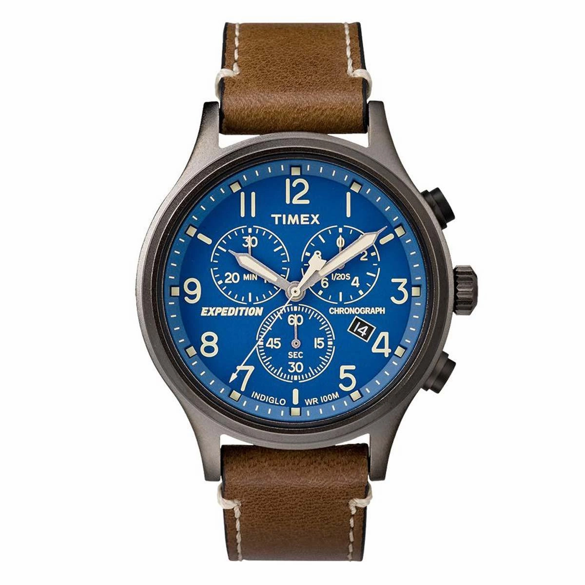 Timex Men's Leather Strap Watch - Expedition Scout Chronograph Blue Dial | TW4B09000JV