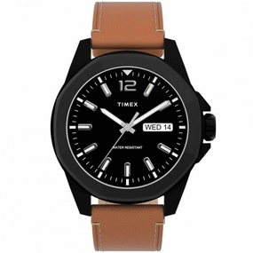 Timex Men's Quartz Watch - Essex Avenue Black Dial Leather Strap | TW2U15100VQ