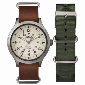 Timex Men's Quartz Watch - Expedition Scout Cream Dial Brown Leather Strap | TWG016100