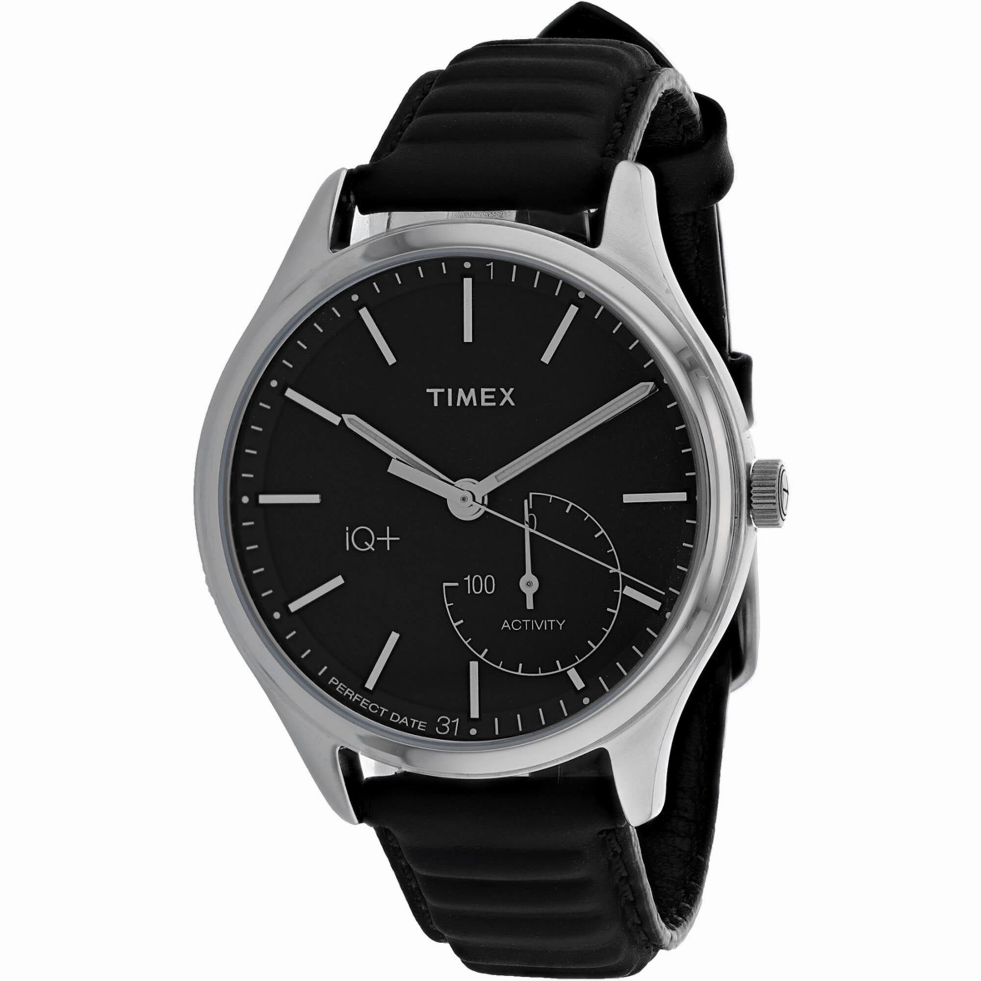 Timex Men's Watch - iQ  Move Silver Tone Case Black Dial Leather Strap | TW2P93200