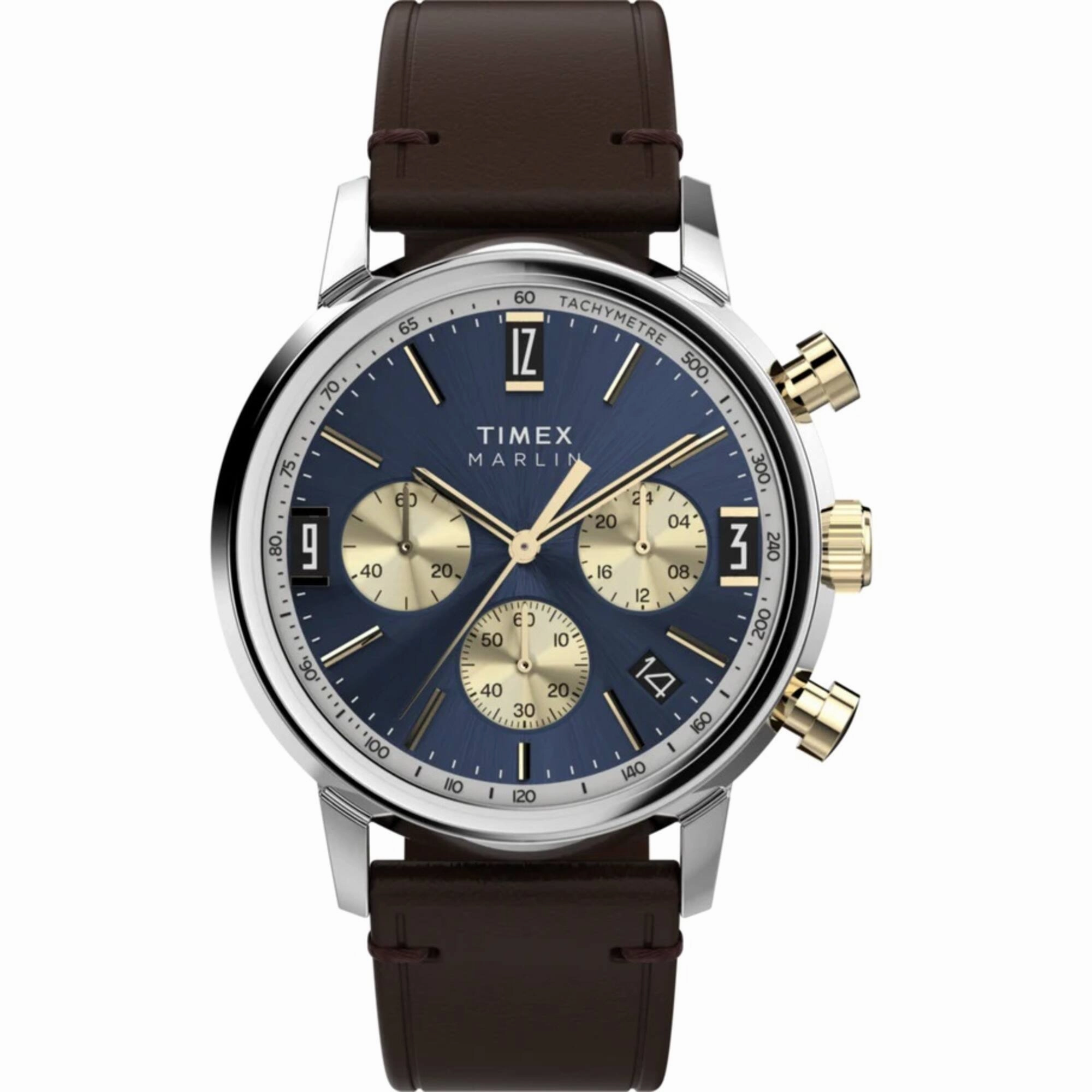 Timex Men's Watch - Marlin Chronograph Blue and Gold Dial Leather Strap | TW2W60400