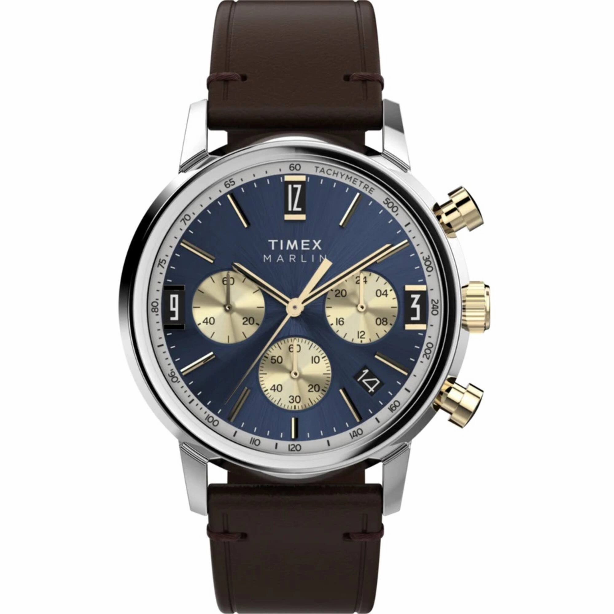 Timex Men's Watch - Marlin Chronograph Blue and Gold Dial Leather Strap | TW2W60400