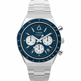 Timex Men's Watch - Q Timex Chrono Blue and White Dial Silver Bracelet | TW2W51600