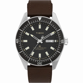 Timex Men's Watch - The Waterbury Automatic Black Dial Leather Strap TW2V24800