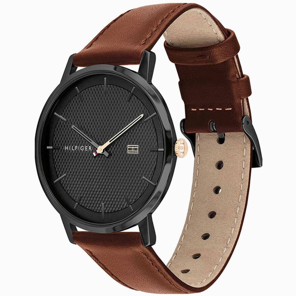 Tommy Hilfiger Men's Quartz Watch - James Black Dial Brown Leather Strap | 1791700