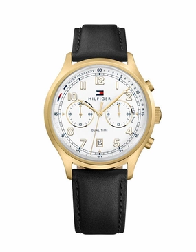 Tommy Hilfiger Mens Emerson Watch - Gold-tone - Black Leather Strap - Date