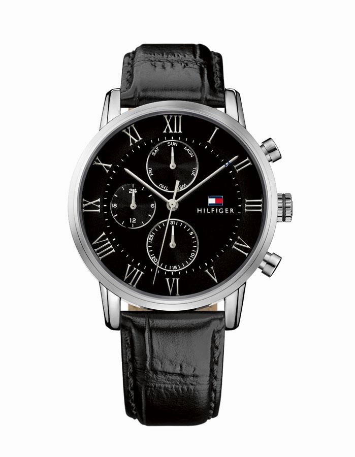 Tommy Hilfiger Mens Kane Watch - Stainless Steel - Black Leather Strap