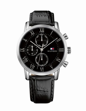 Tommy Hilfiger Mens Kane Watch - Stainless Steel - Black Leather Strap