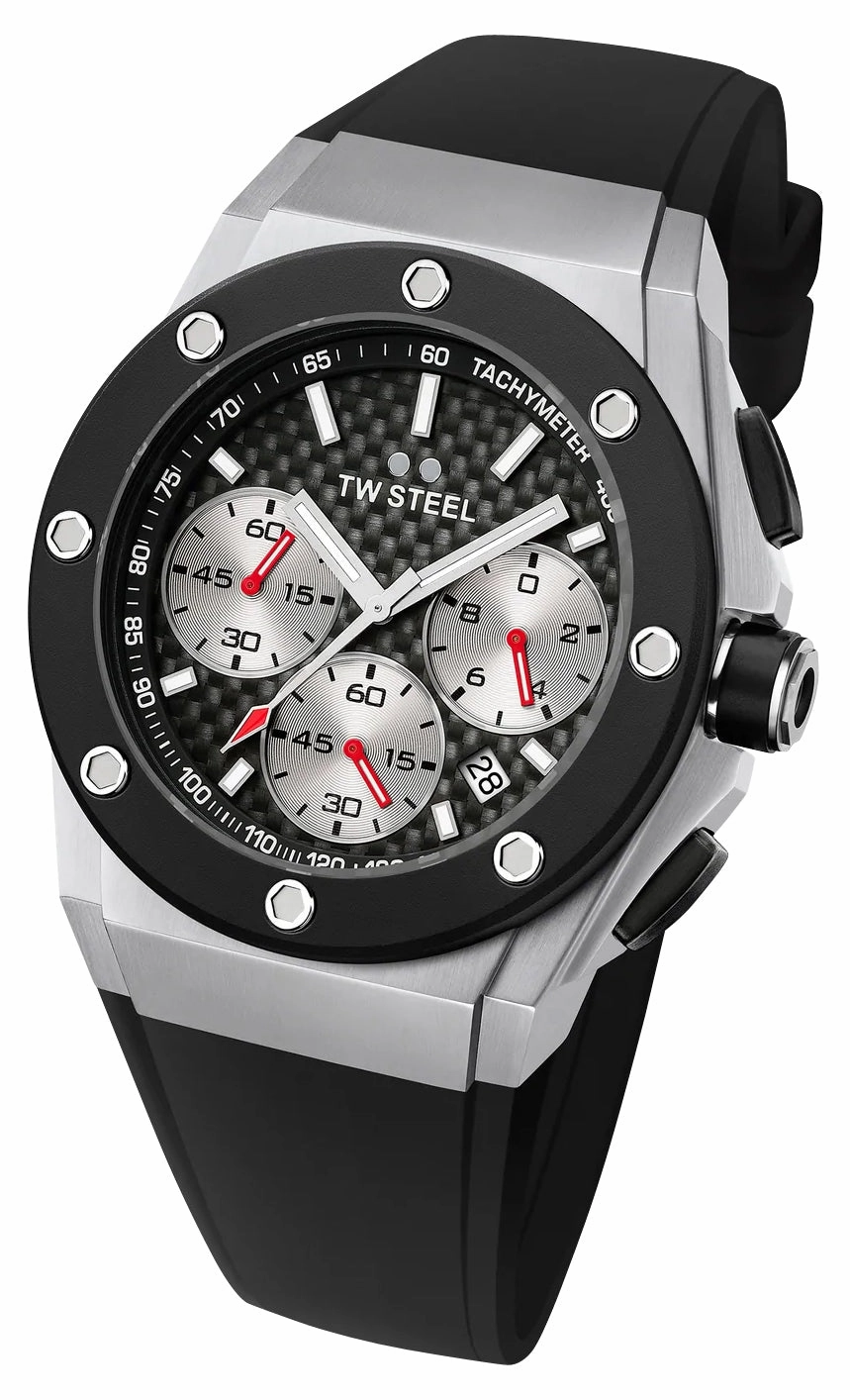 TW Steel CEO Tech Chronograph Stainless Steel Black Dial Black Silicon Strap Date Quartz Mens Watch CE4019