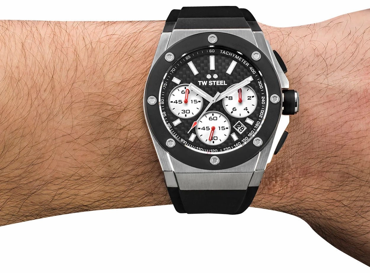 TW Steel CEO Tech Chronograph Stainless Steel Black Dial Black Silicon Strap Date Quartz Mens Watch CE4019