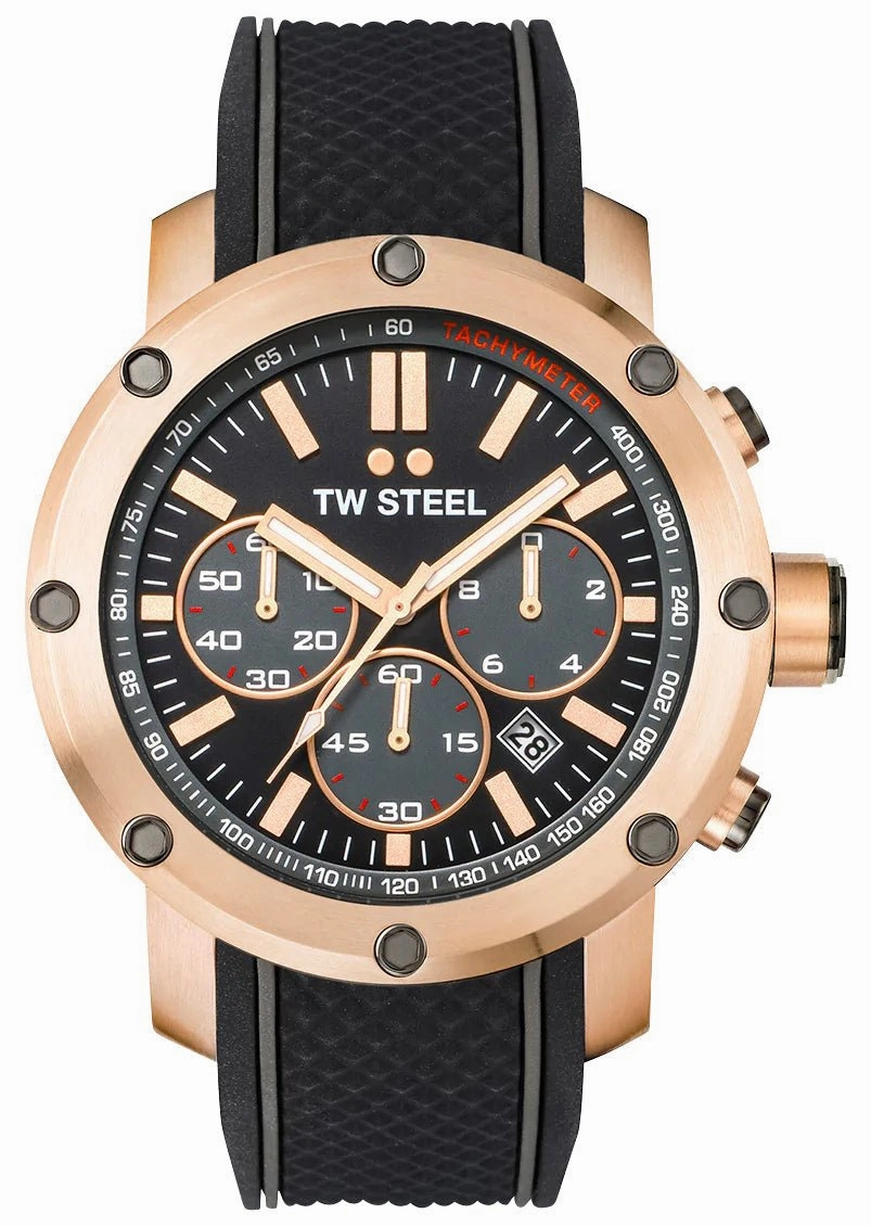 TW Steel Grandeur Tech Chronograph Rose Gold PVD Black Dial Black Silicon Strap Date Quartz Mens Watch TS5
