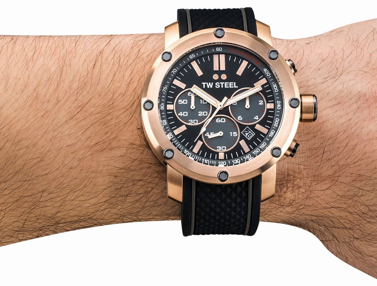 TW Steel Grandeur Tech Chronograph Rose Gold PVD Black Dial Black Silicon Strap Date Quartz Mens Watch TS5