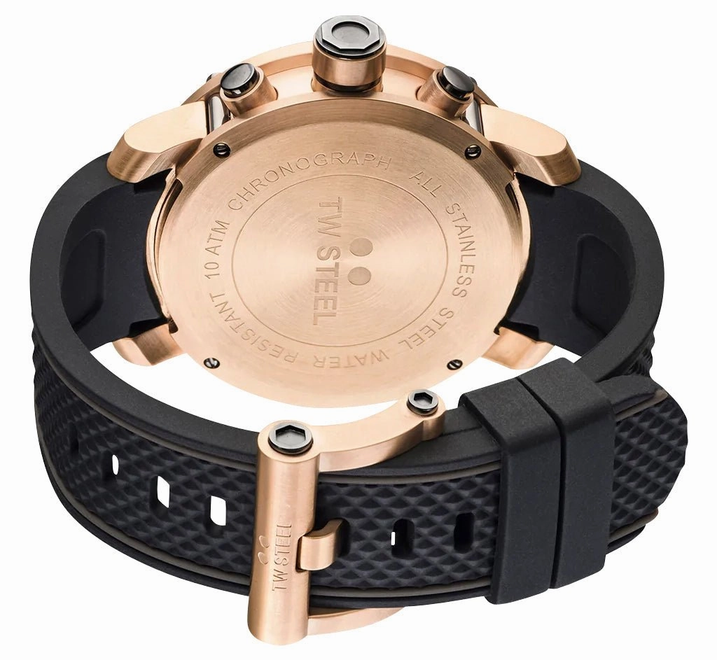 TW Steel Grandeur Tech Chronograph Rose Gold PVD Black Dial Black Silicon Strap Date Quartz Mens Watch TS5