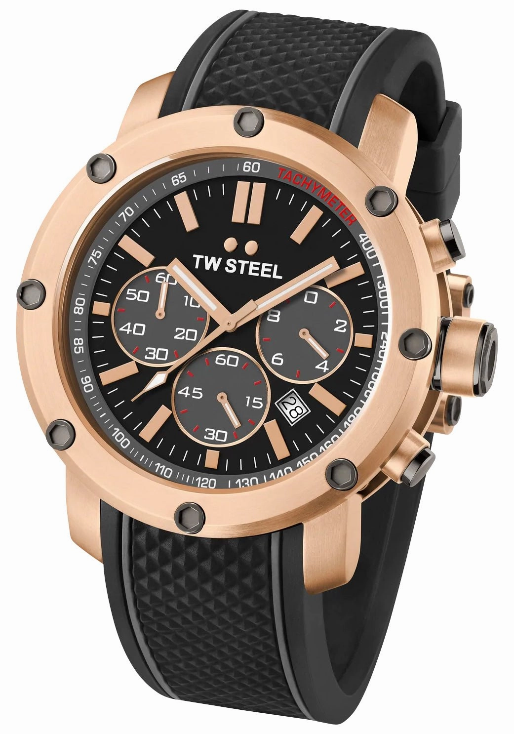 TW Steel Grandeur Tech Chronograph Rose Gold PVD Black Dial Black Silicon Strap Date Quartz Mens Watch TS5