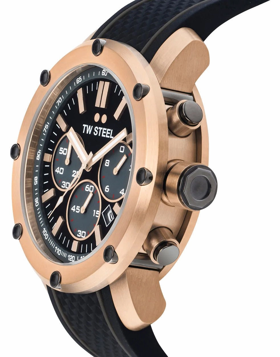 TW Steel Grandeur Tech Chronograph Rose Gold PVD Black Dial Black Silicon Strap Date Quartz Mens Watch TS5