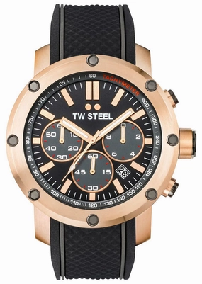 TW Steel Grandeur Tech Chronograph Rose Gold PVD Black Dial Black Silicon Strap Date Quartz Mens Watch TS5
