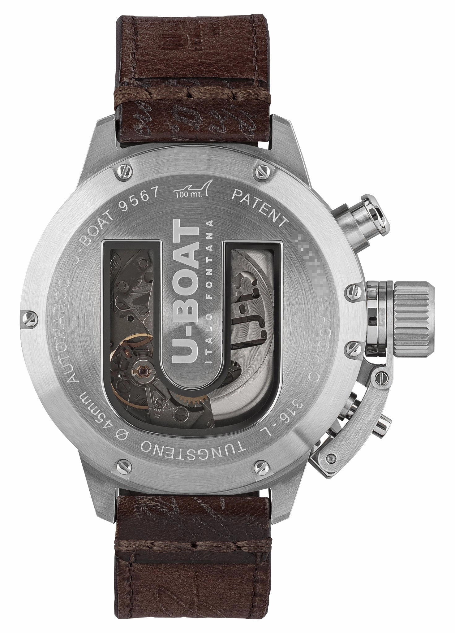 U-Boat Classico Tungsteno CAS1 Automatic Chronograph Stainless Steel Black Dial Brown Leather Strap Date Mens Watch 9567