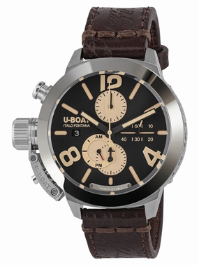 U-Boat Classico Tungsteno CAS1 Automatic Chronograph Stainless Steel Black Dial Brown Leather Strap Date Mens Watch 9567
