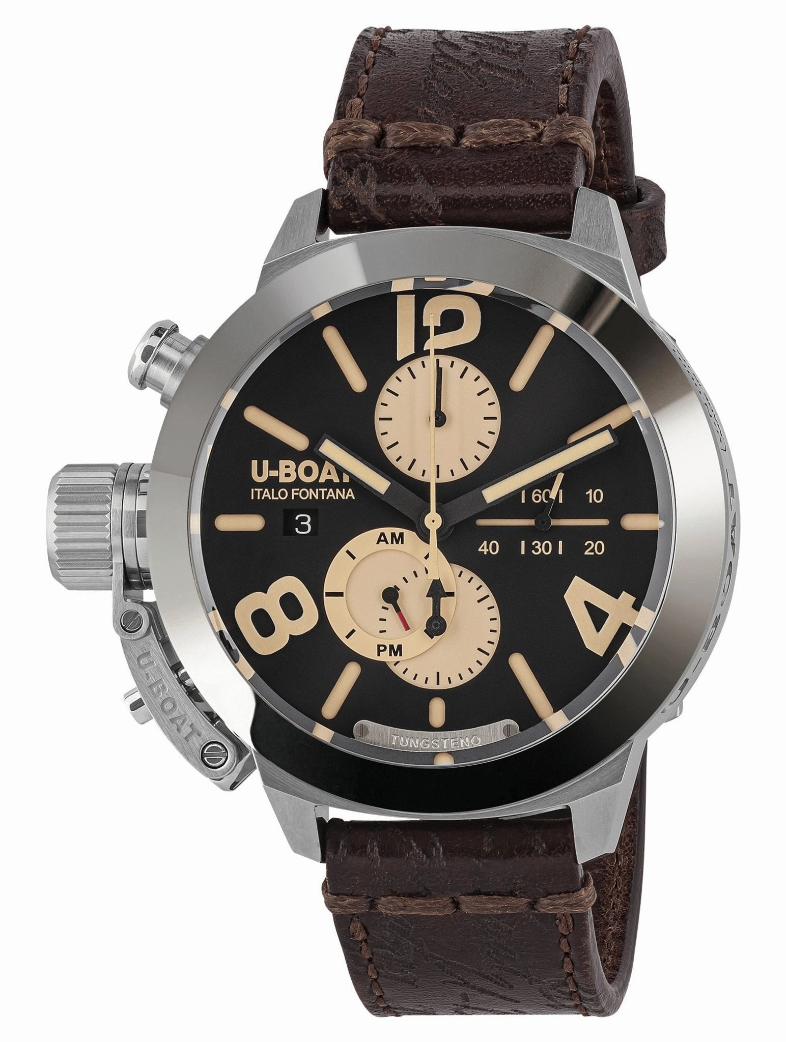 U-Boat Classico Tungsteno CAS1 Automatic Chronograph Stainless Steel Black Dial Brown Leather Strap Date Mens Watch 9567