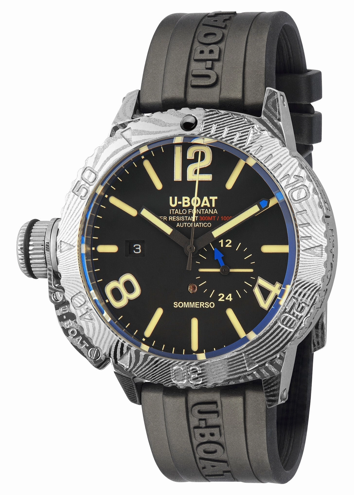U-Boat Sommerso Damasco Automatic Damascus Steel Black Dial Black Rubber Strap Date Divers Mens Watch 9999