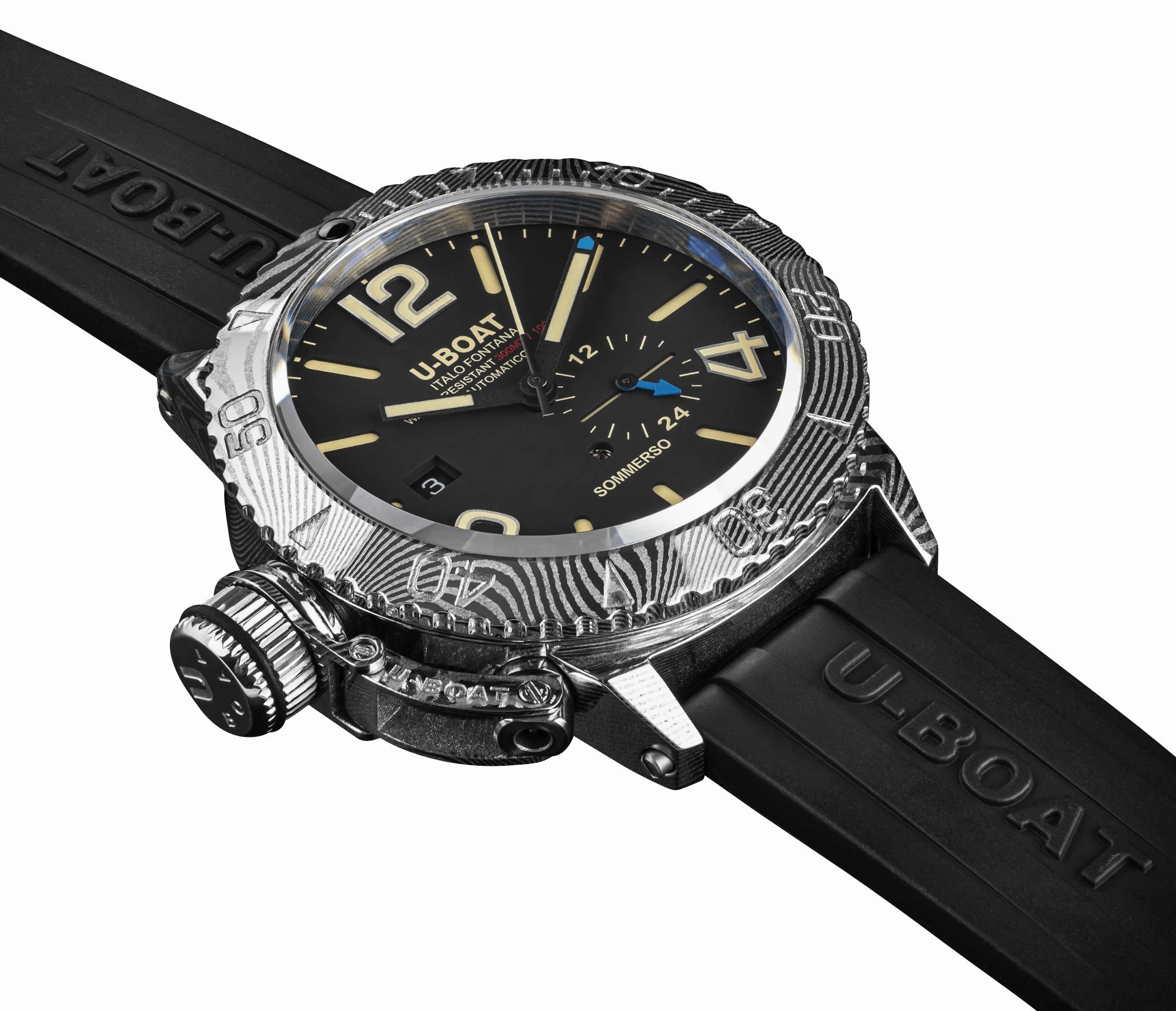 U-Boat Sommerso Damasco Automatic Damascus Steel Black Dial Black Rubber Strap Date Divers Mens Watch 9999