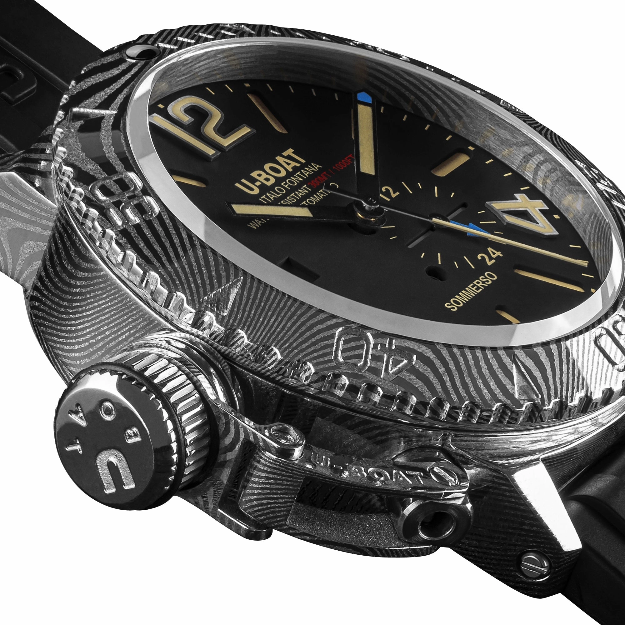 U-Boat Sommerso Damasco Automatic Damascus Steel Black Dial Black Rubber Strap Date Divers Mens Watch 9999