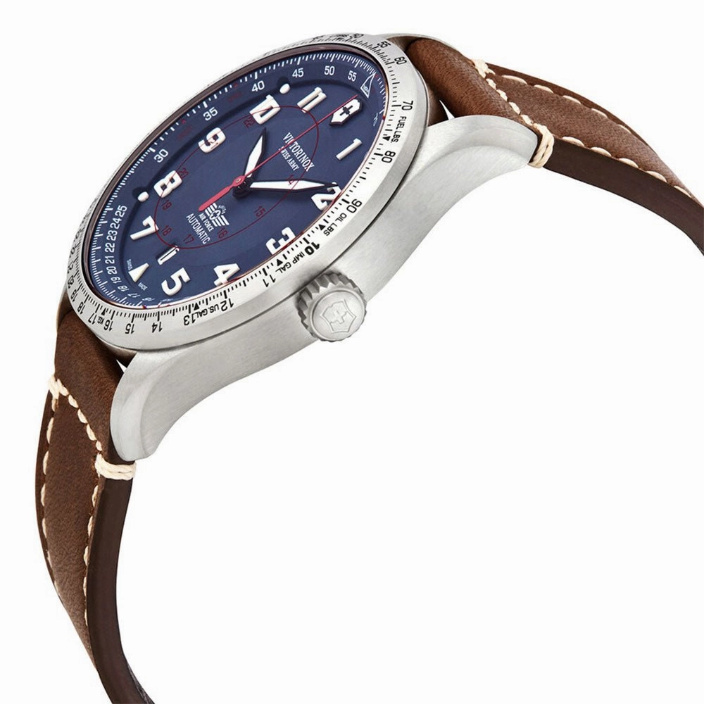 Victorinox Swiss Army Airboss Mechanical Automatic Stainless Steel Blue Dial Brown Leather Strap Date Mens Watch 241887