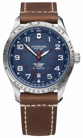 Victorinox Swiss Army Airboss Mechanical Automatic Stainless Steel Blue Dial Brown Leather Strap Date Mens Watch 241887