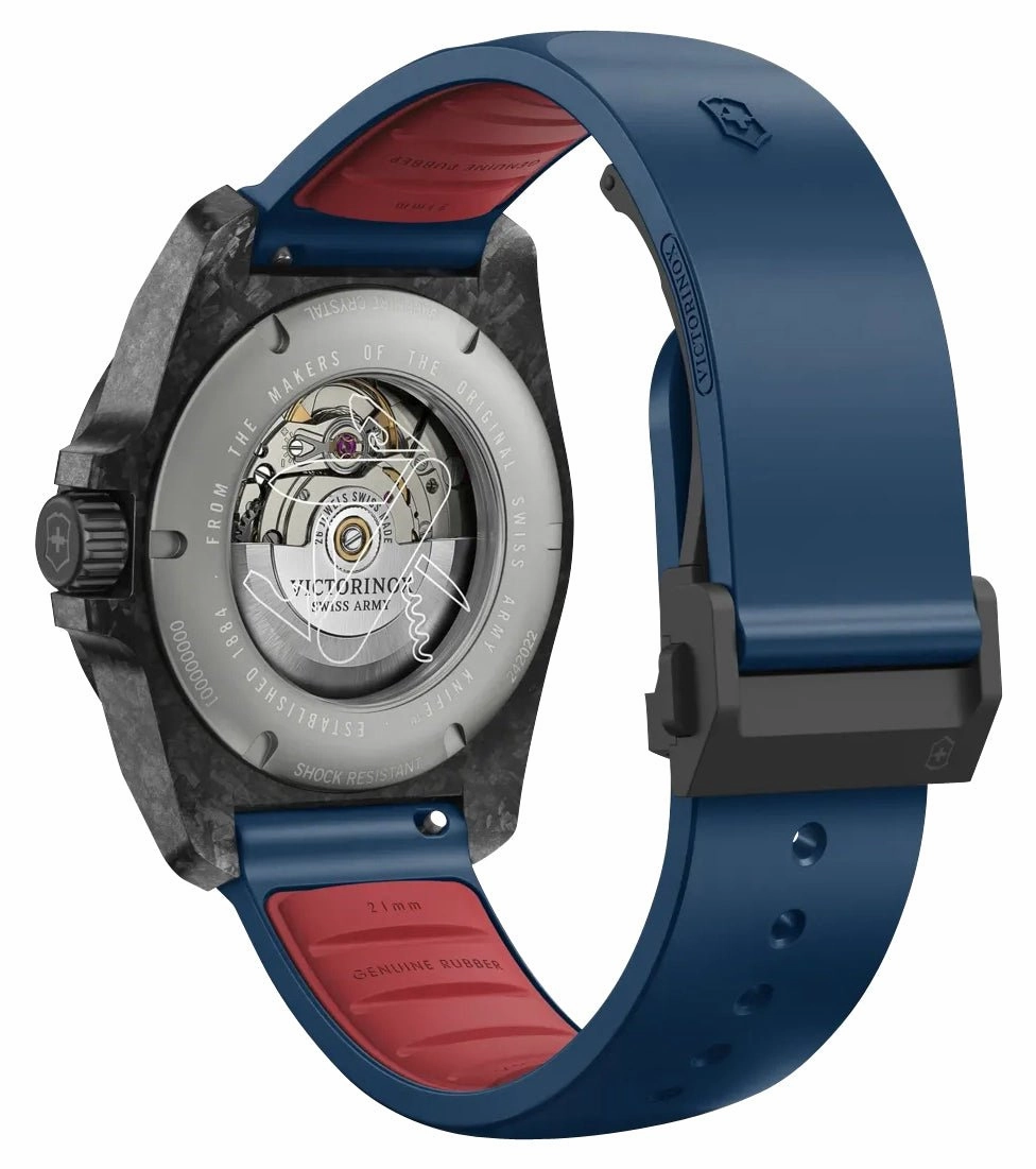 Victorinox Swiss Army I.N.O.X. Automatic Black Carbon Blue Dial Blue Rubber Strap Date Divers Mens Watch 242022.1