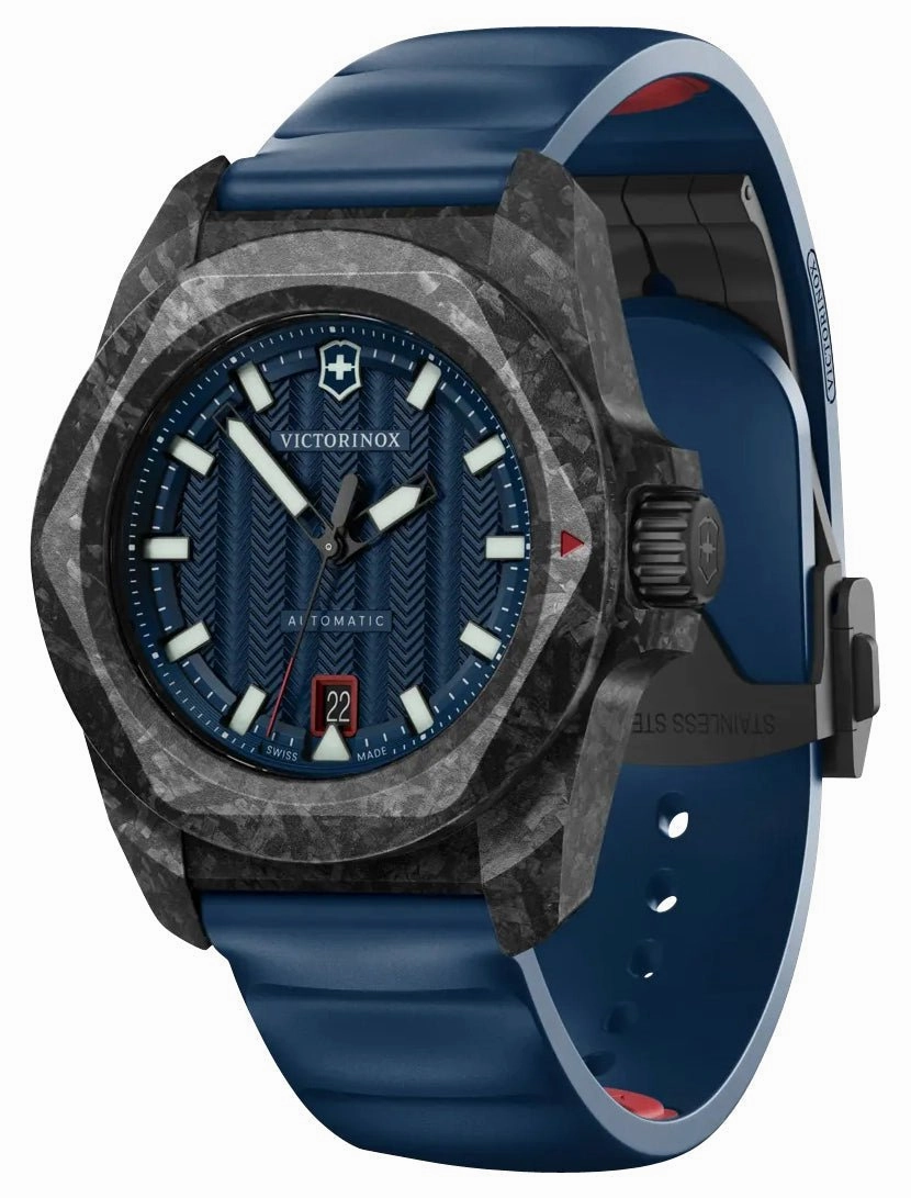 Victorinox Swiss Army I.N.O.X. Automatic Black Carbon Blue Dial Blue Rubber Strap Date Divers Mens Watch 242022.1