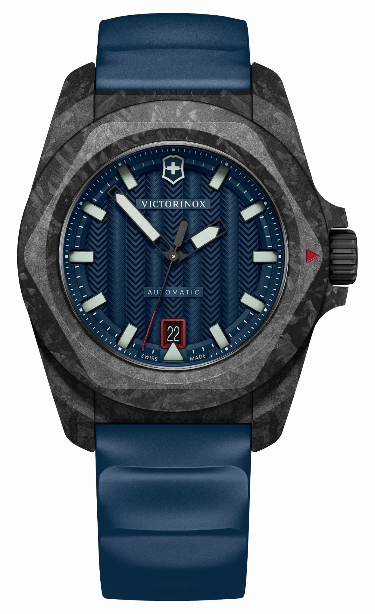 Victorinox Swiss Army I.N.O.X. Automatic Black Carbon Blue Dial Blue Rubber Strap Date Divers Mens Watch 242022.1