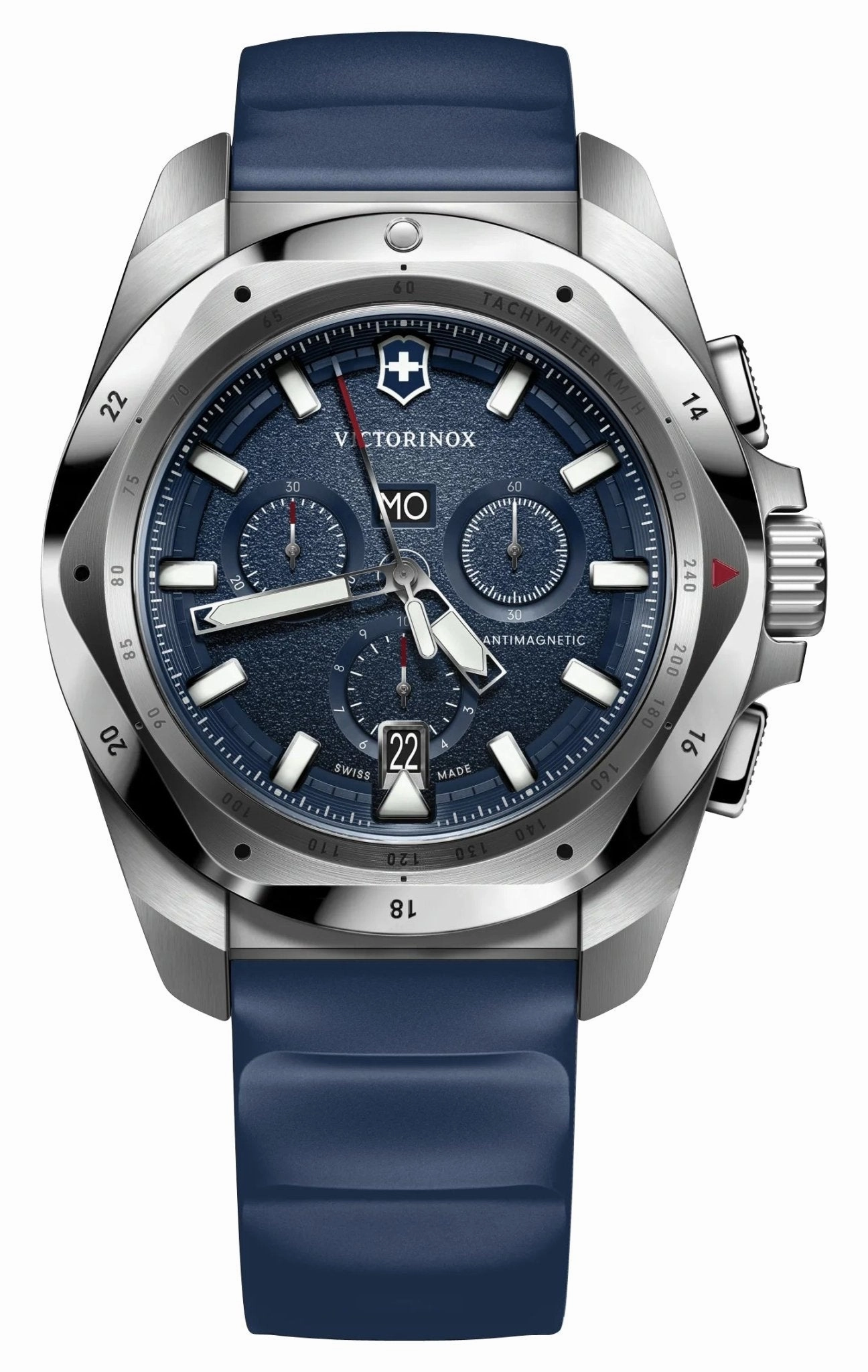 Victorinox Swiss Army I.N.O.X. Chronograph Stainless Steel Blue Dial Blue Rubber Strap Day/Date Divers Quartz Mens Watch 241984