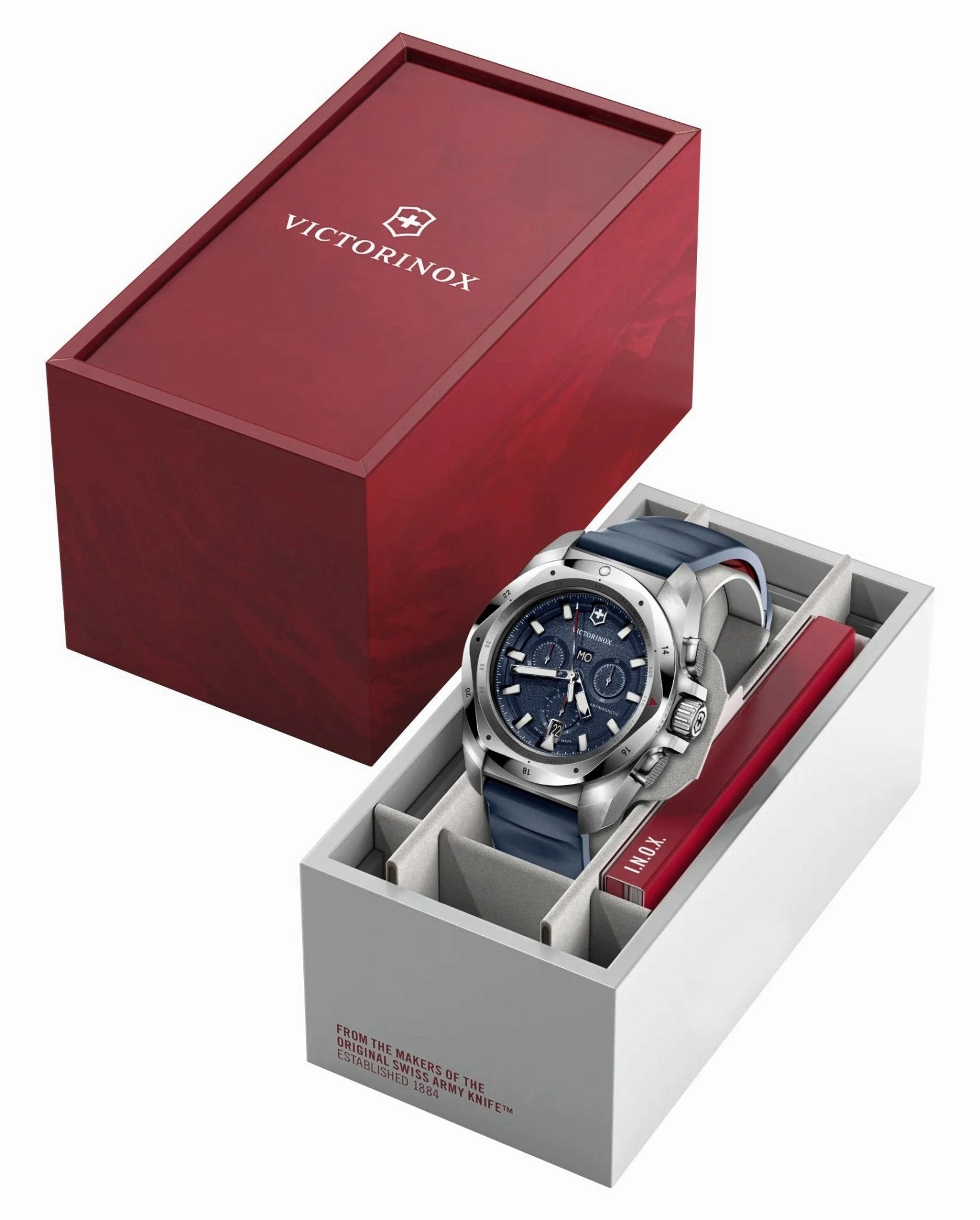 Victorinox Swiss Army I.N.O.X. Chronograph Stainless Steel Blue Dial Blue Rubber Strap Day/Date Divers Quartz Mens Watch 241984
