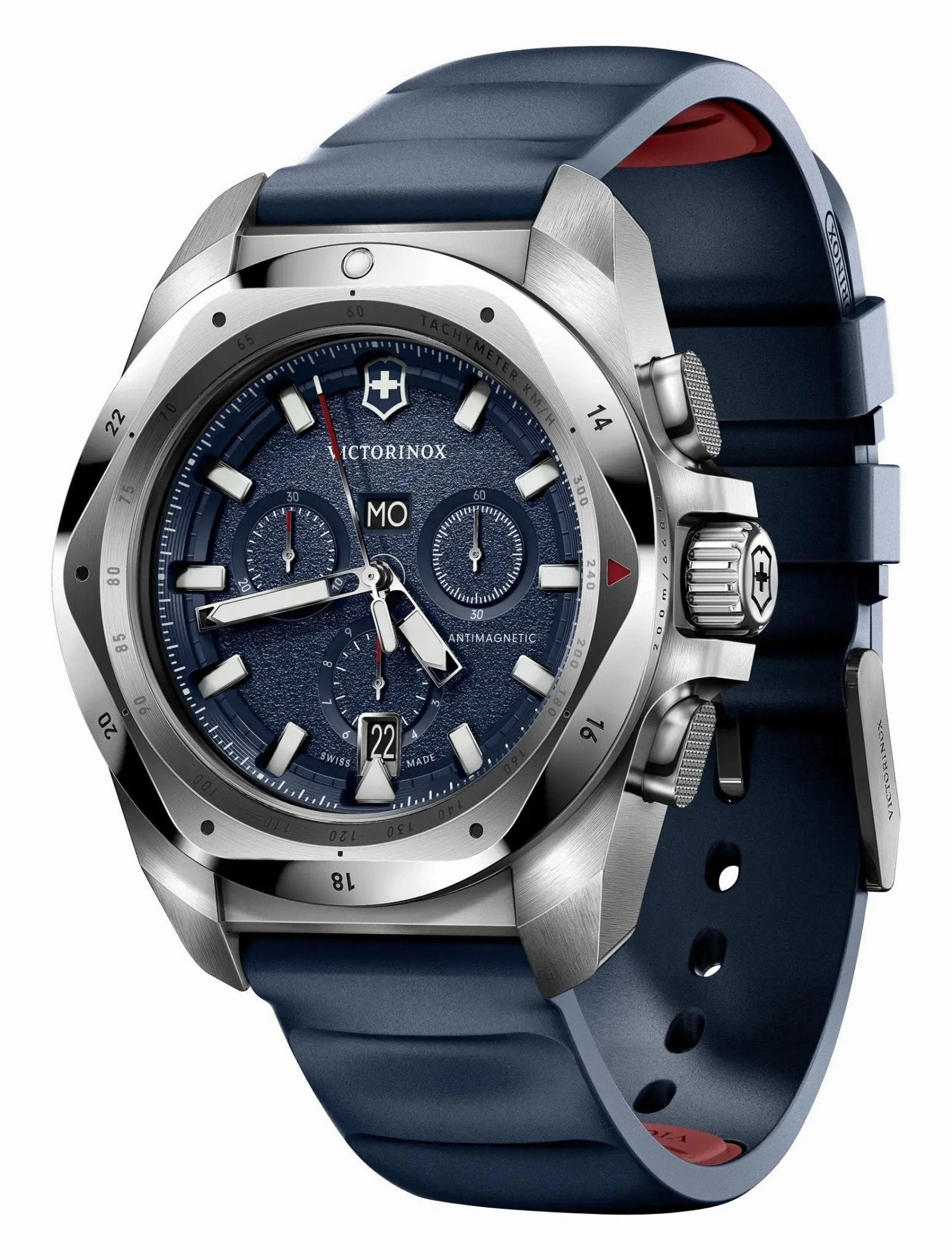 Victorinox Swiss Army I.N.O.X. Chronograph Stainless Steel Blue Dial Blue Rubber Strap Day/Date Divers Quartz Mens Watch 241984